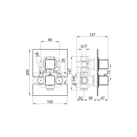 Смеситель с термостатом на 1 выход утопленный хром Noken Square N140140015-100065767 - габаритные размеры