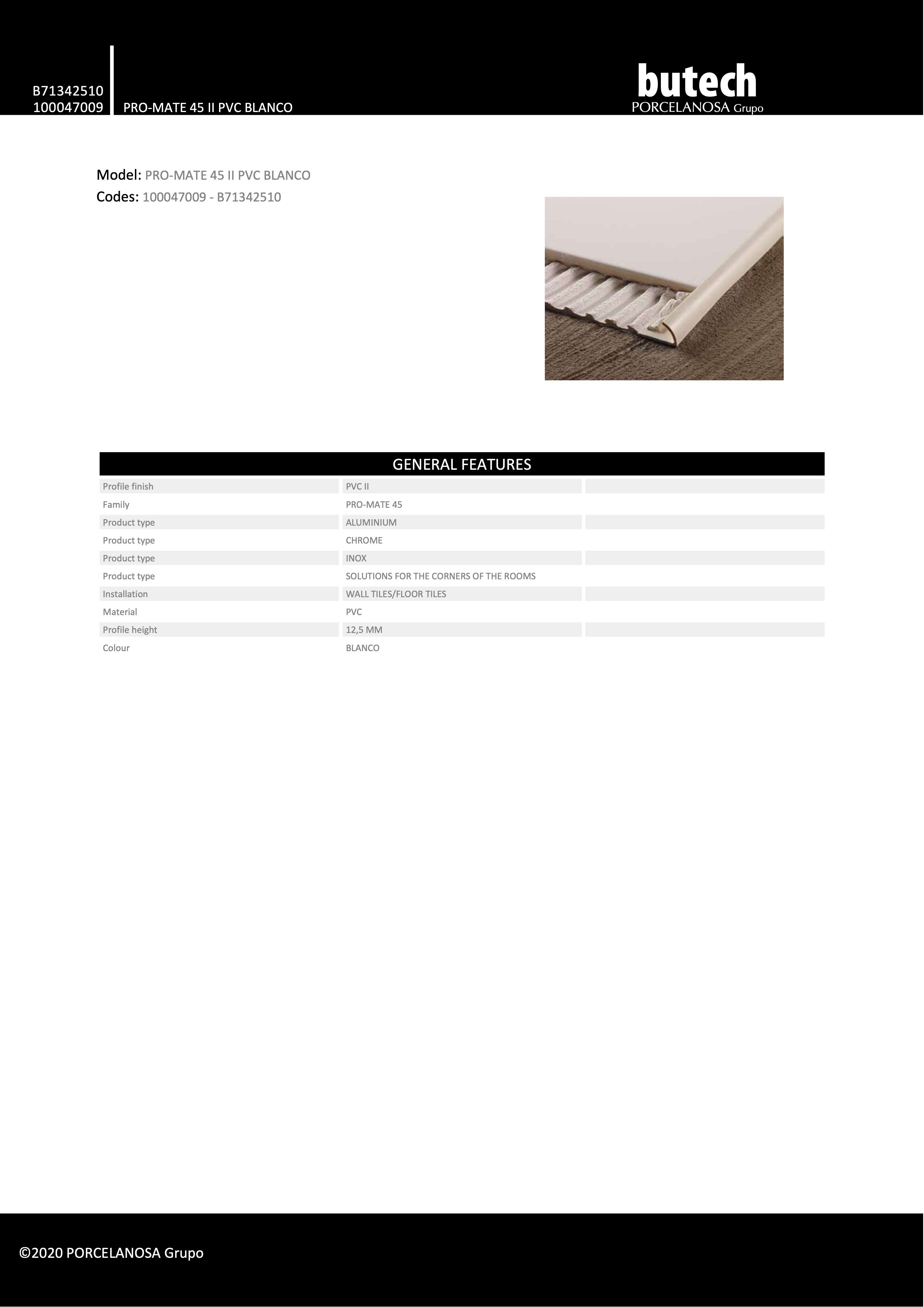 Профиль Butech Pro-Mate 45 Ii PVC Blanco 12.5x2500