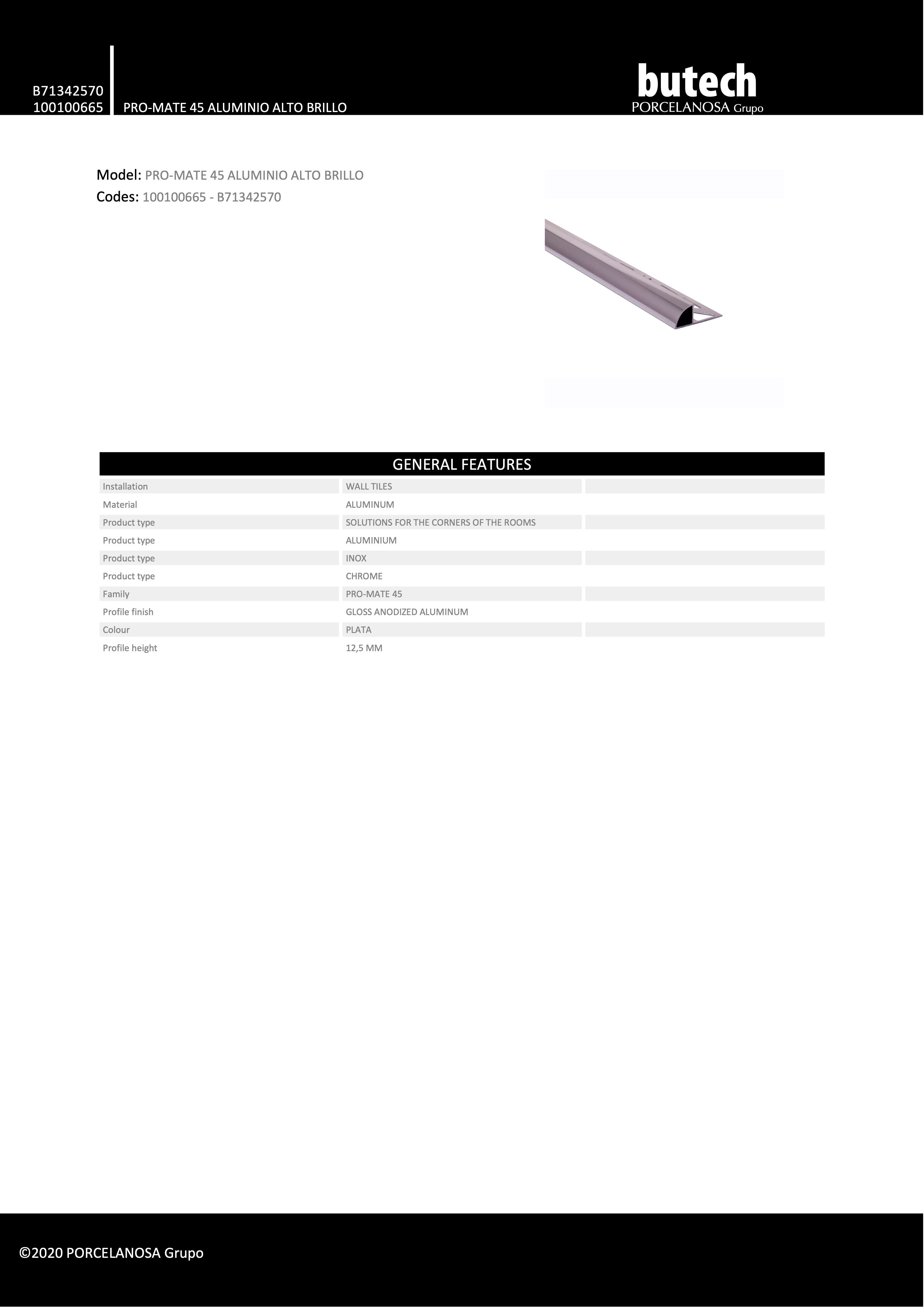 Профиль Butech Pro-Mate 45 High Gloss Aluminum 45x12x2500
