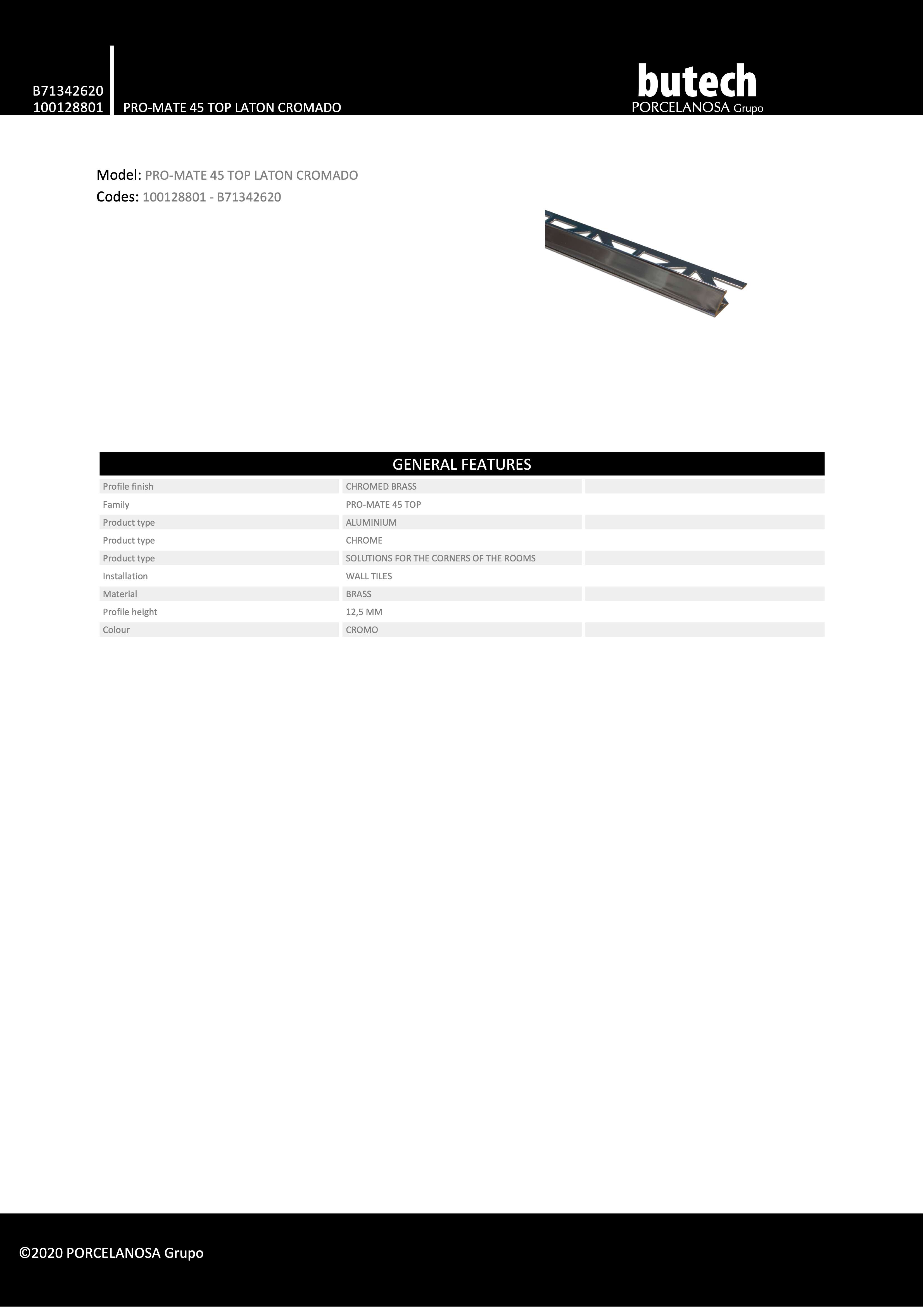 Профиль Butech Pro-Mate 45 Top Laton Cromado 45x12.5x2500