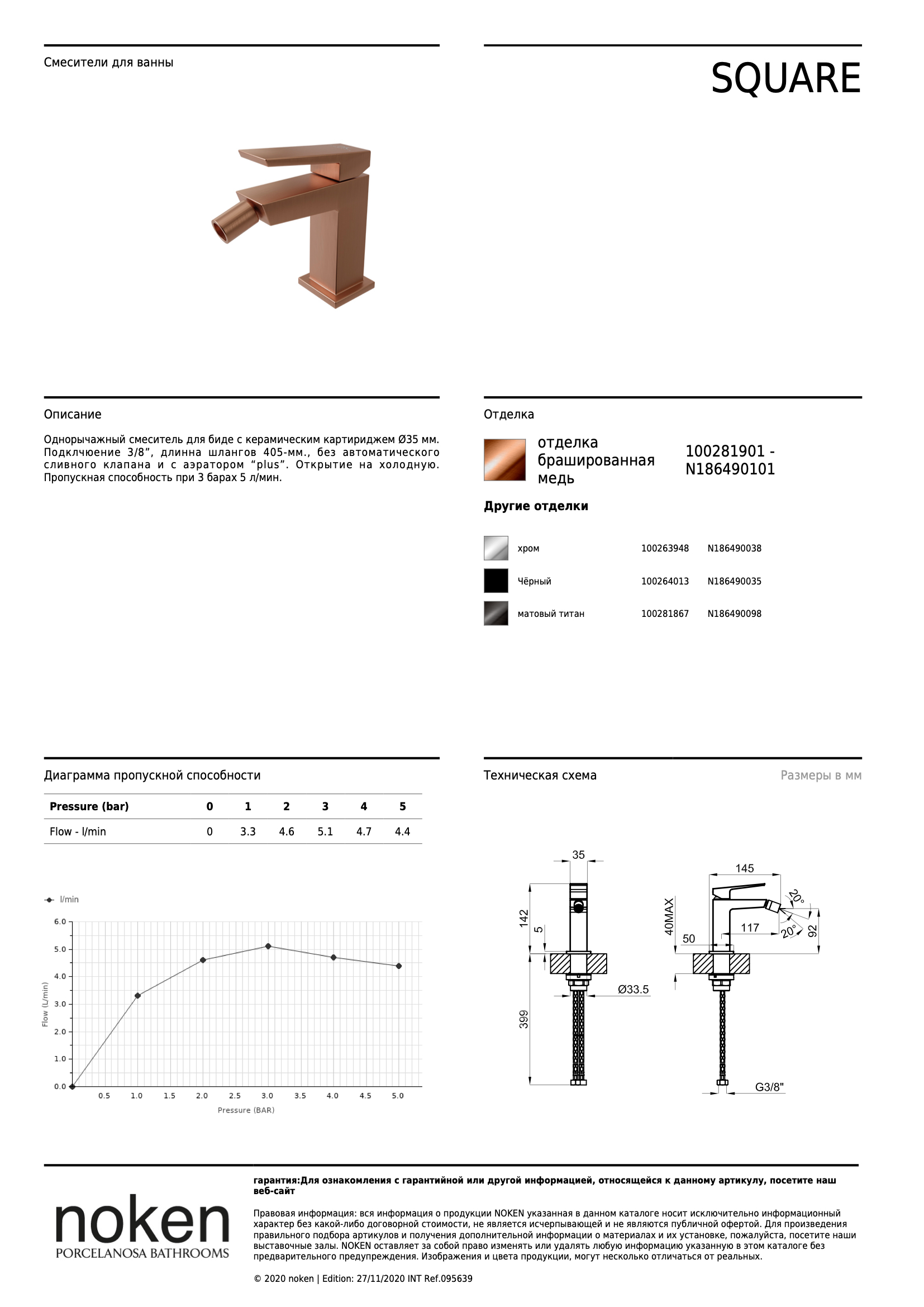 Однорычажный смеситель для биде Mon. Bidet Square Sin Vaciador Cob Cep