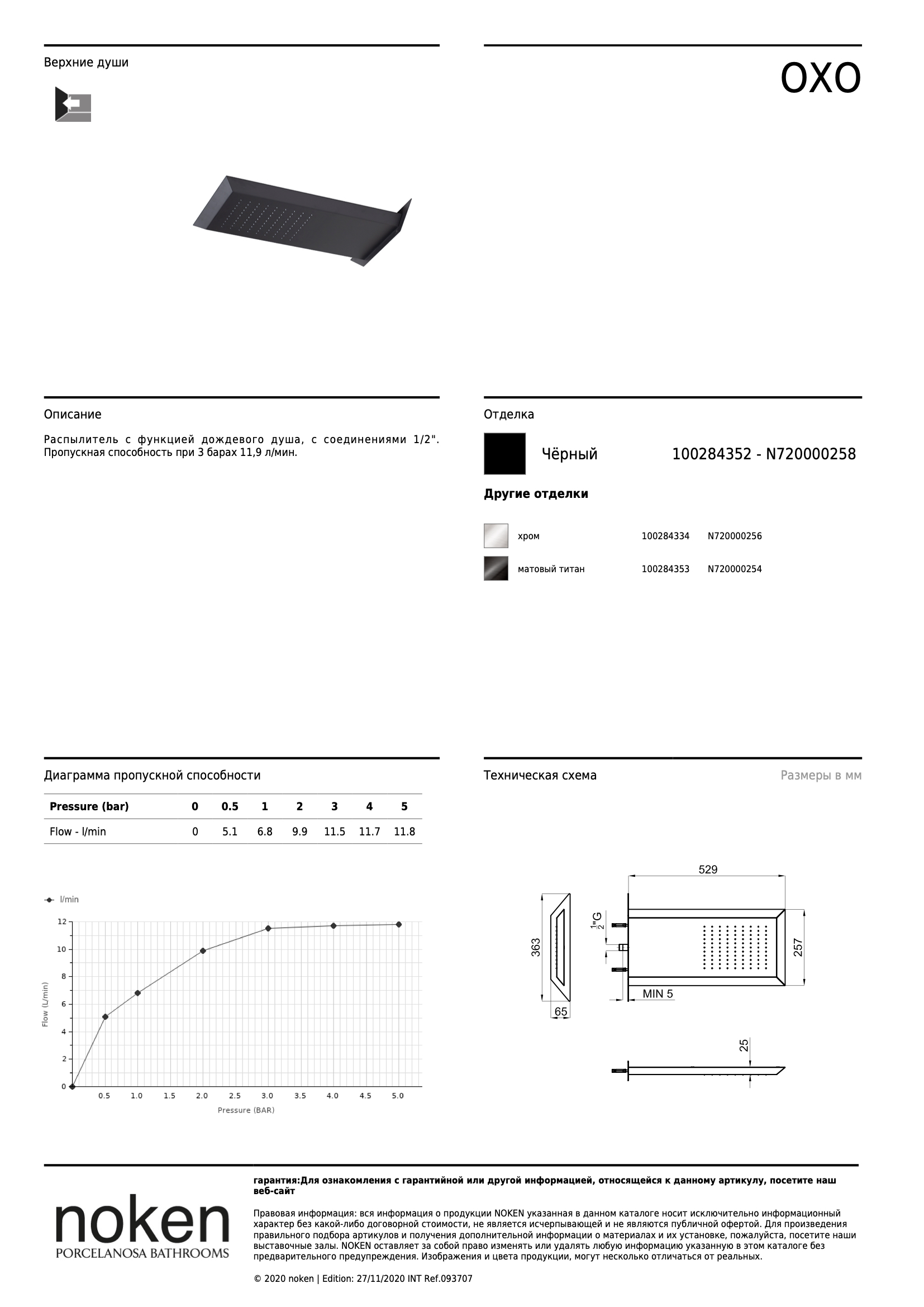 Oxo Верхний душ 52,9x25,7x2,5 см с функцией дождя черный
