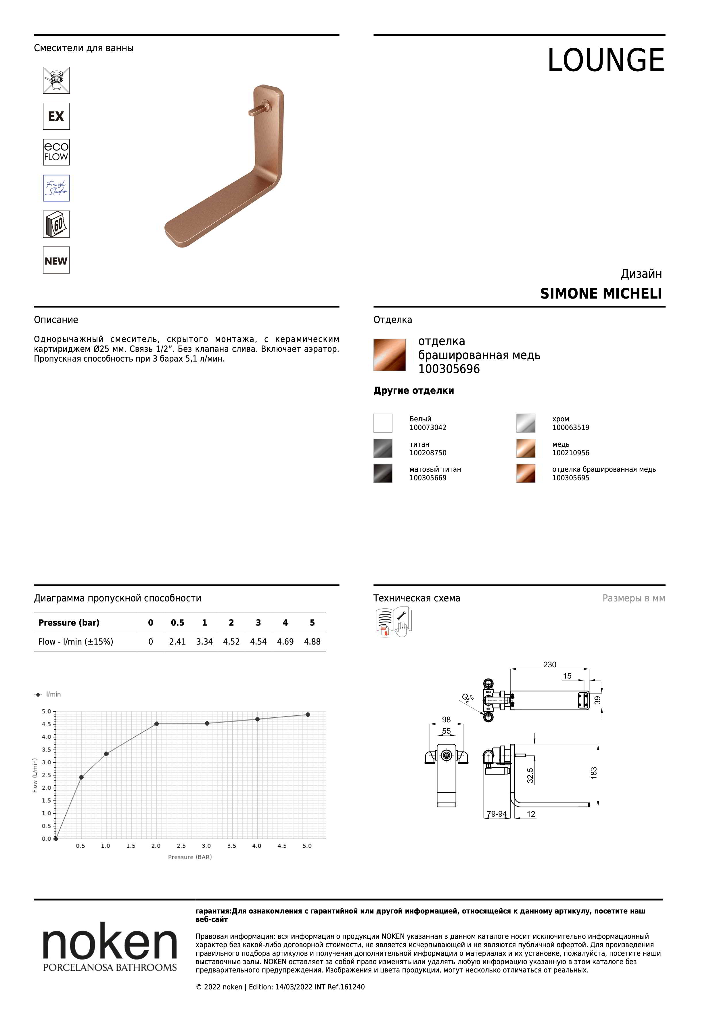 Noken Смеситель Monm. Lounge Lav. Enc. Cobre Cepillado