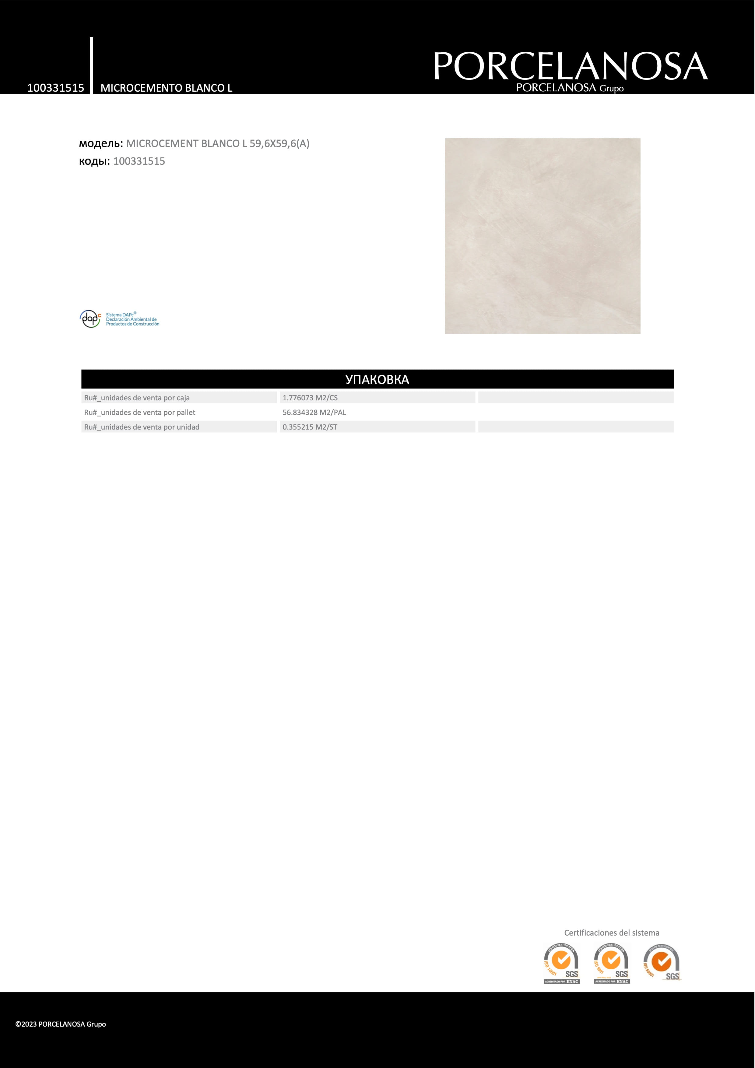 Porcelanosa Microcemento Blanco L 59,6x59,6