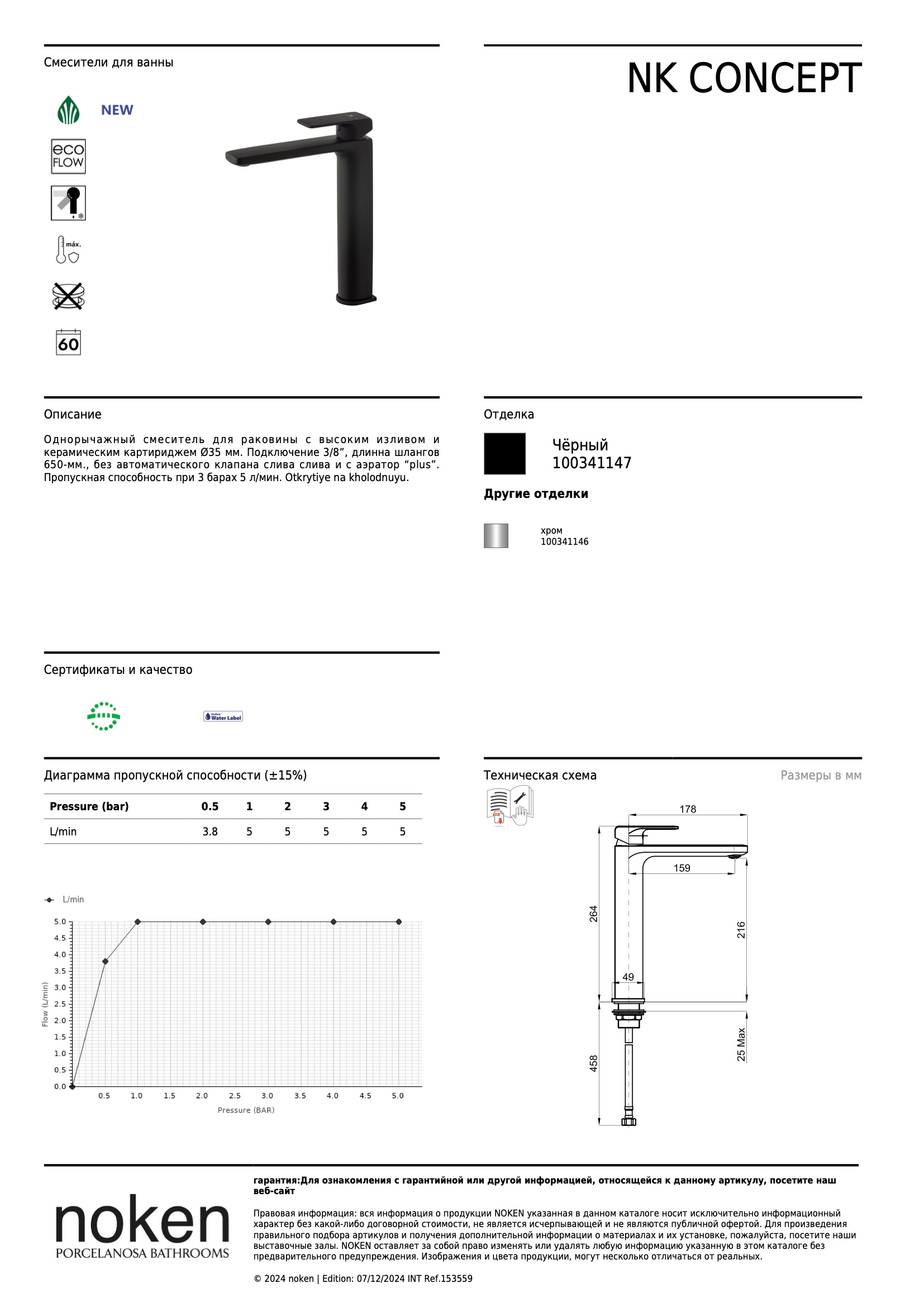  Monomando Nk Concept N Cano Alto Apertura Frio Negro
